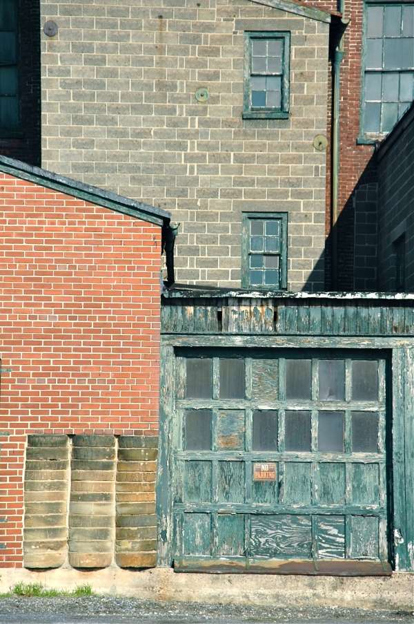 old green garage, brick, 